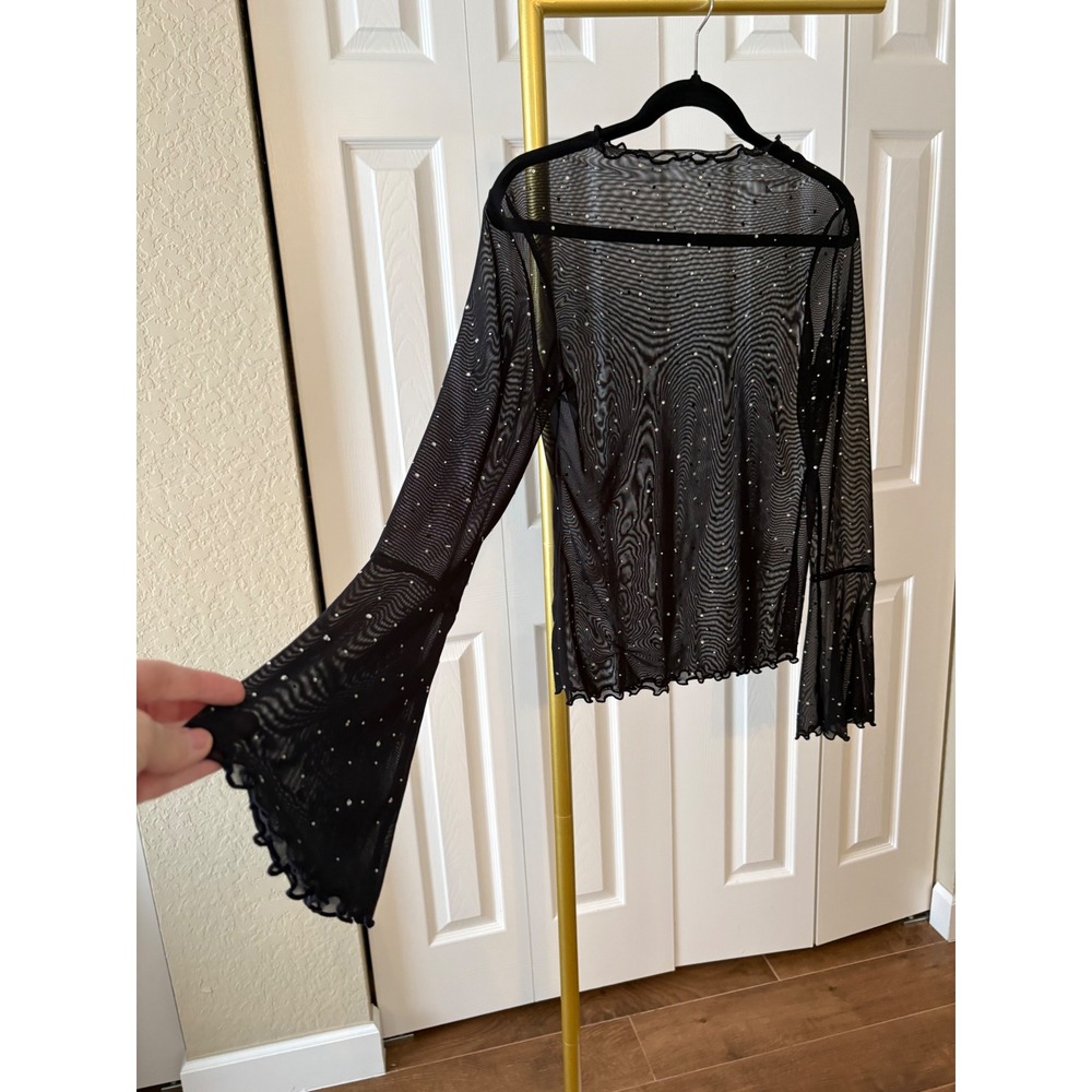 Sheer Top Black Mesh Rhinestone Bell Sleeve Festival Witchy Whimsigoth